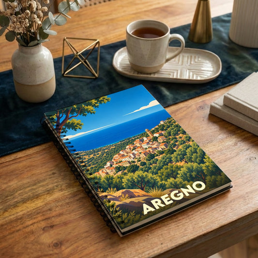 Carnet à spirales souvenir de la ville d'Aregno avec une illustration stylisée d'un village corse en bord de mer.
