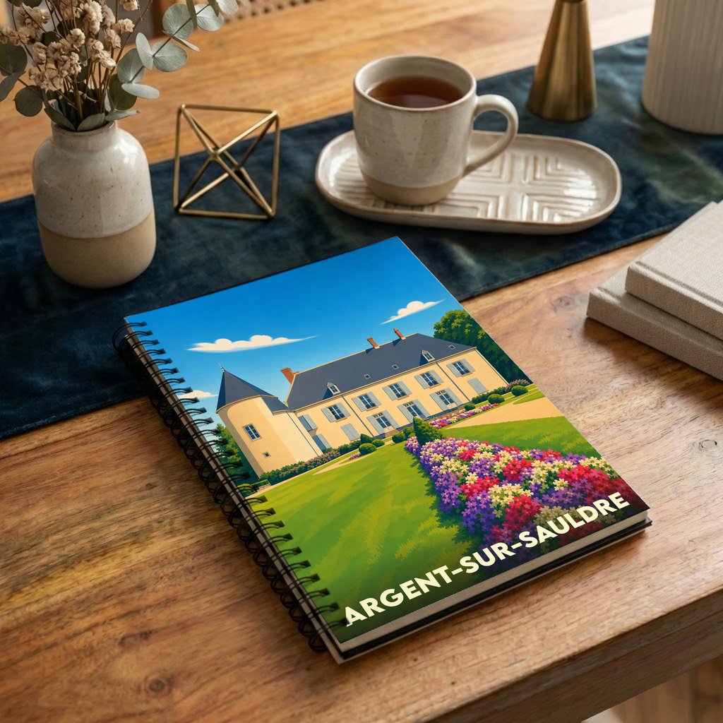Carnet à spirales souvenir de la ville d'Argent-sur-Sauldre avec une illustration stylisée de son château et de ses jardins.