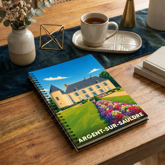 Carnet à spirales souvenir de la ville d'Argent-sur-Sauldre avec une illustration stylisée de son château et de ses jardins.
