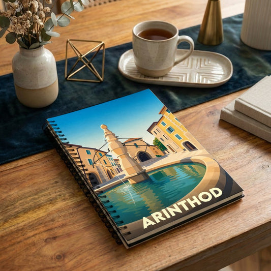 Carnet à spirales souvenir de la ville d'Arinthod avec une illustration stylisée de sa fontaine historique.