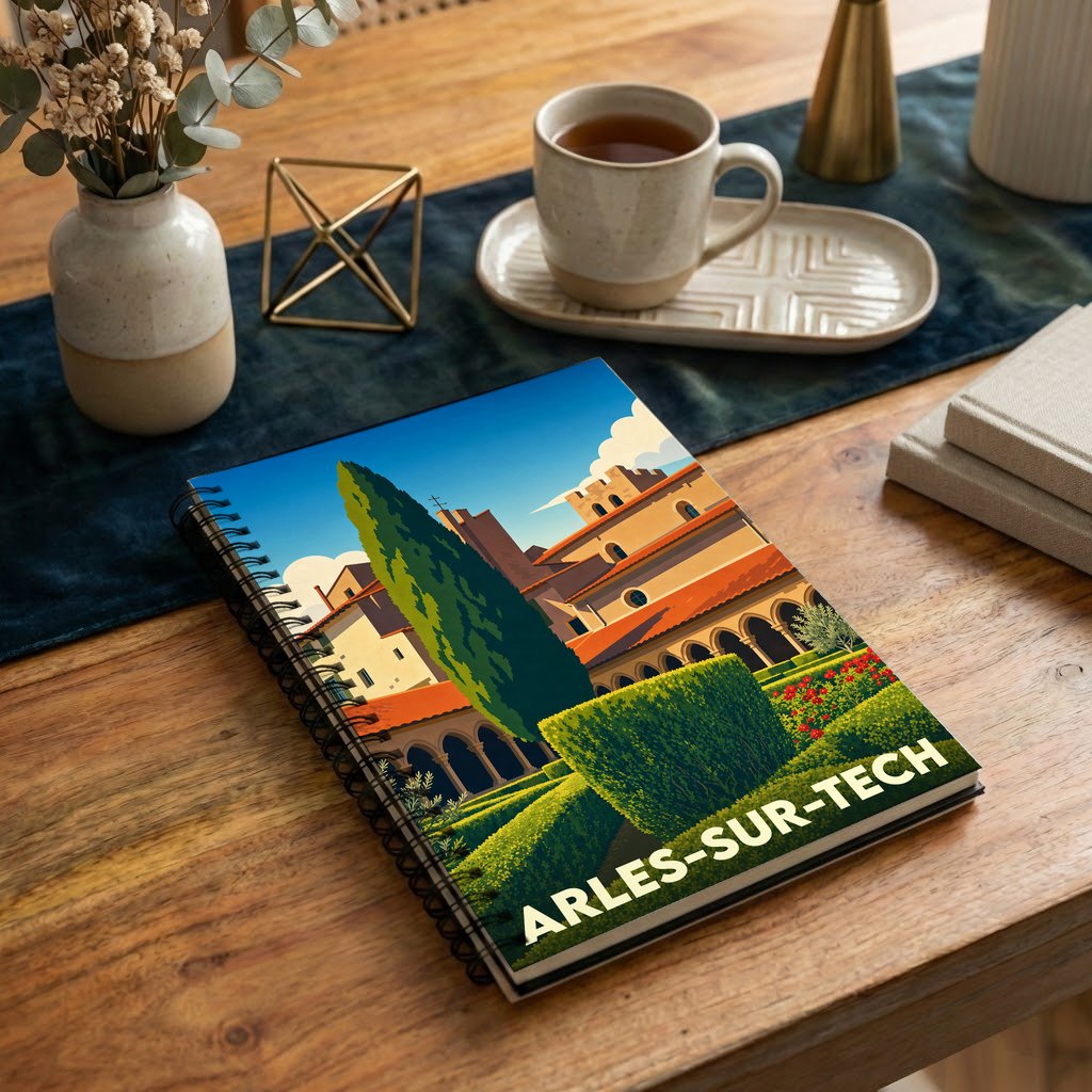 Carnet souvenir de la ville d'Arles-sur-Tech avec une illustration stylisée de son patrimoine.