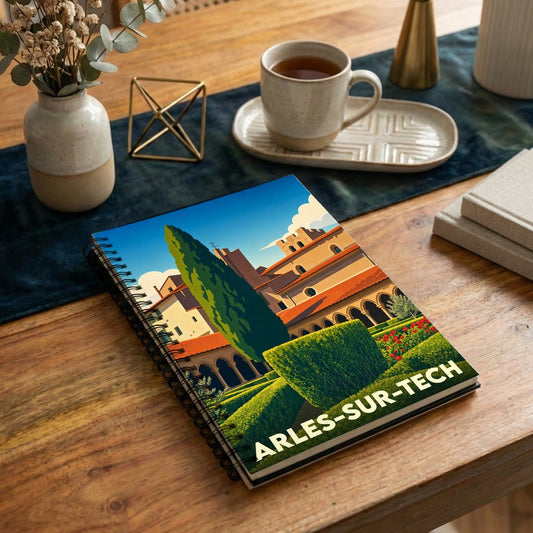 Carnet souvenir de la ville d'Arles-sur-Tech avec une illustration stylisée de son patrimoine.
