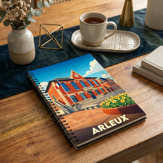 Carnet à spirales souvenir de la ville d'Arleux avec une illustration stylisée de son hôtel de ville.