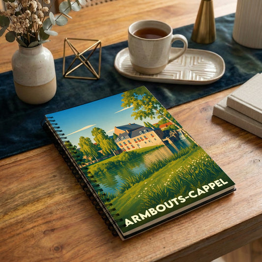 Carnet à spirales souvenir de la ville de Armbouts-Cappel avec une illustration stylisée d'un manoir au bord de l'eau.