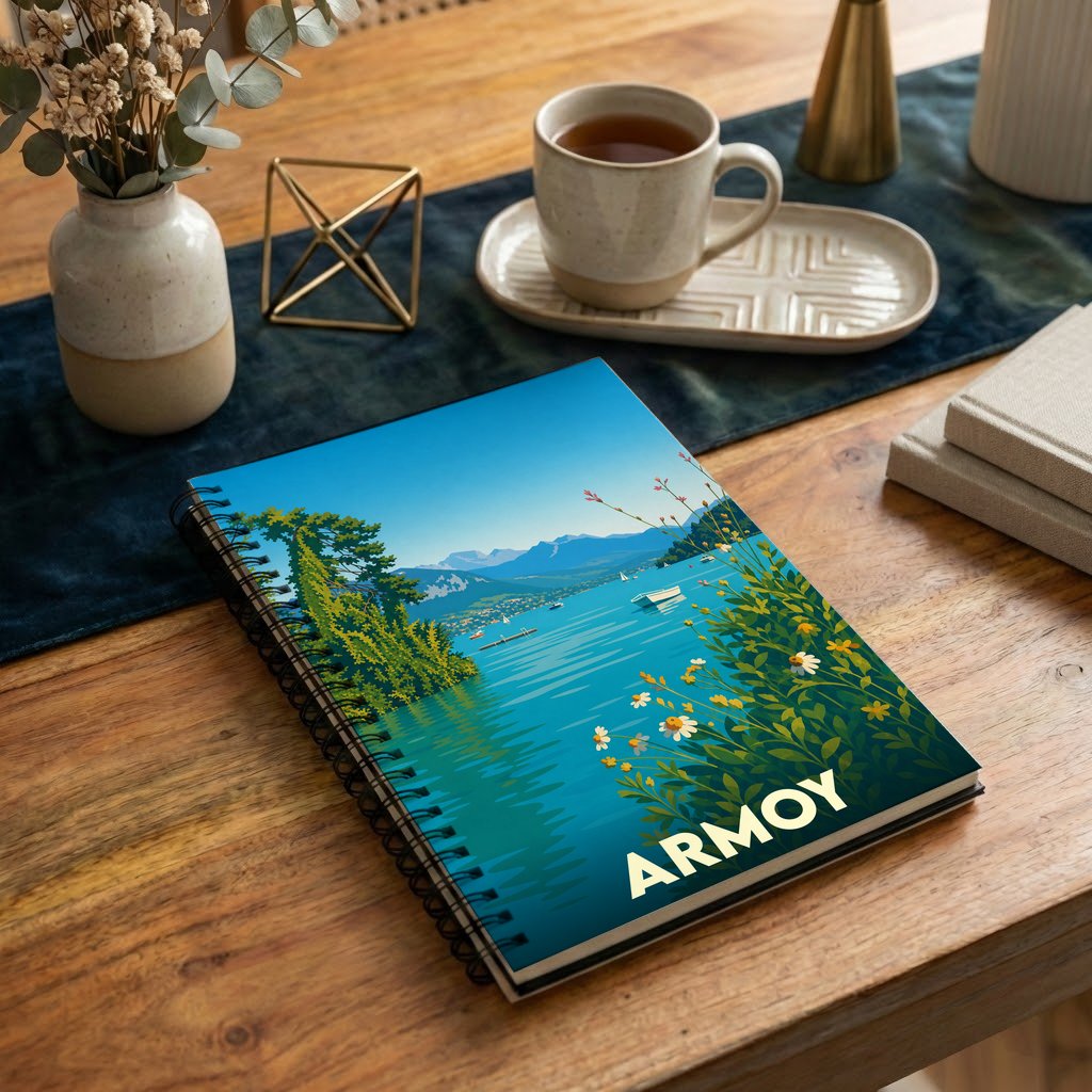 Carnet à spirales souvenir de la ville d'Armoy avec une illustration stylisée d'un lac de montagne.