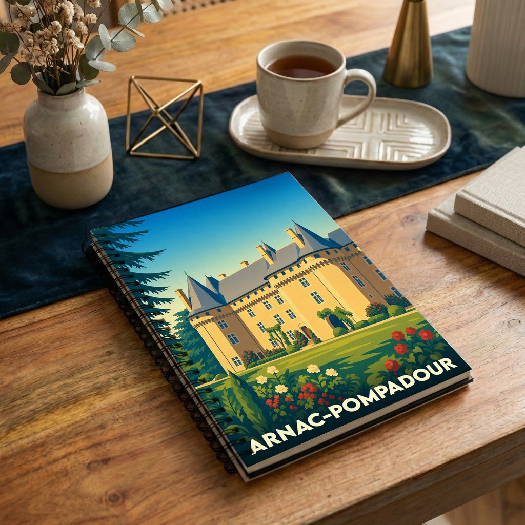 Carnet de notes à spirales souvenir de la ville d'Arnac-Pompadour avec une illustration stylisée de son château.