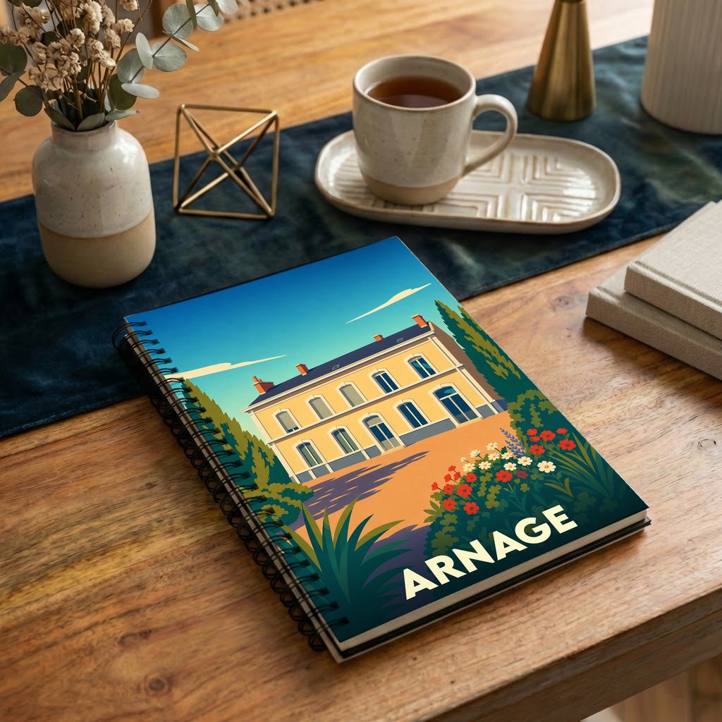 Carnet à spirales souvenir de la ville d'Arnage avec une illustration stylisée d'une grande demeure entourée de fleurs.