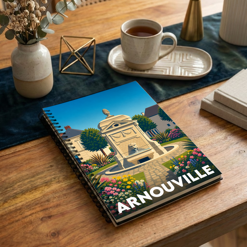 Carnet souvenir de la ville d'Arnouville avec une illustration stylisée d'une fontaine fleurie.
