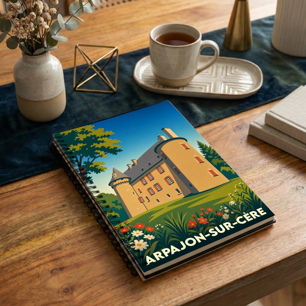 Carnet à spirales souvenir de la ville de Arpajon-sur-Cère avec une illustration stylisée de son château.