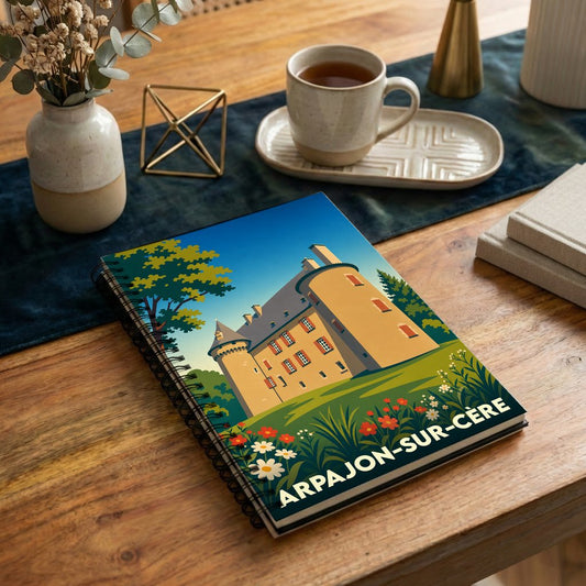 Carnet à spirales souvenir de la ville de Arpajon-sur-Cère avec une illustration stylisée de son château.