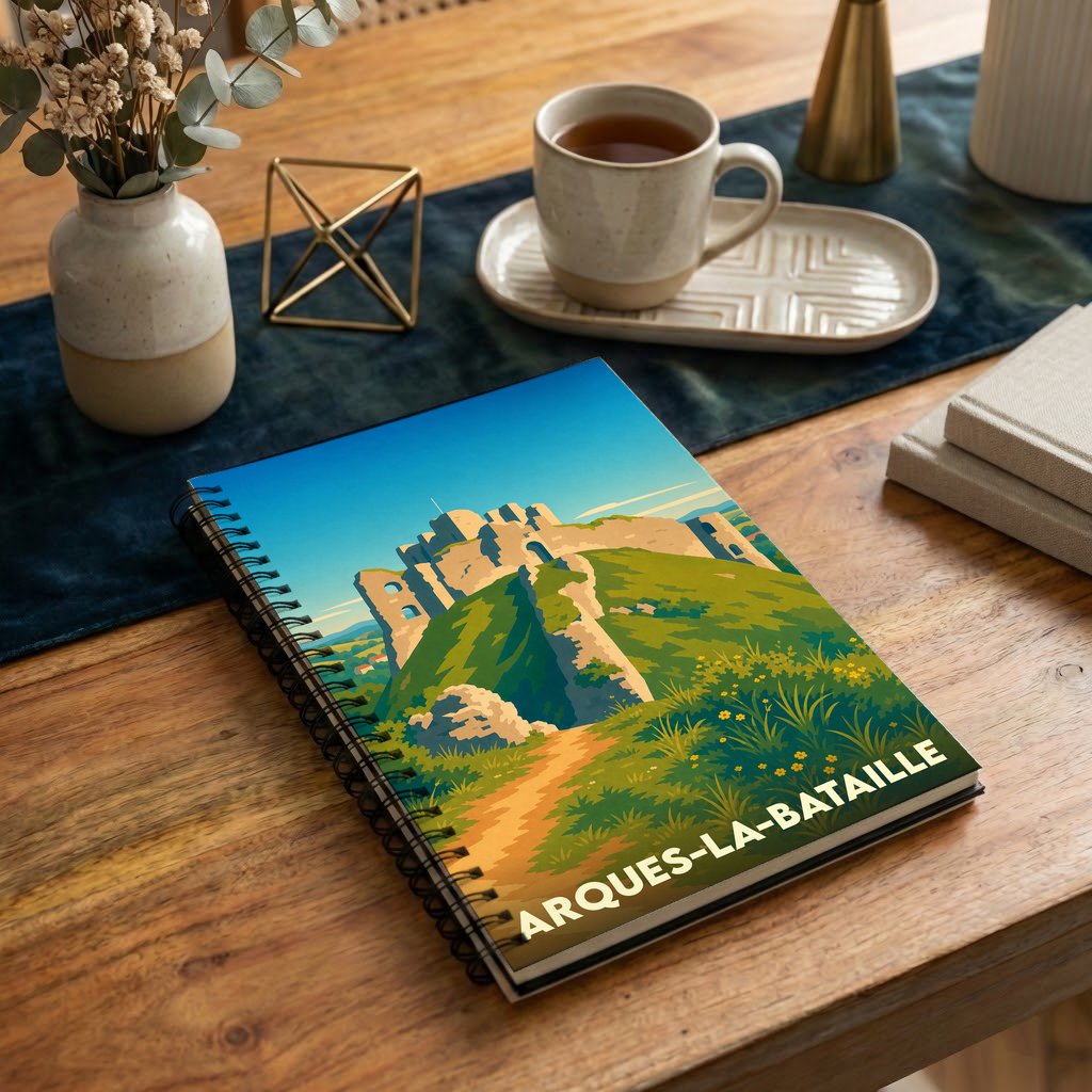 Carnet à spirales souvenir de la ville d'Arques-la-Bataille avec une illustration stylisée de son château.