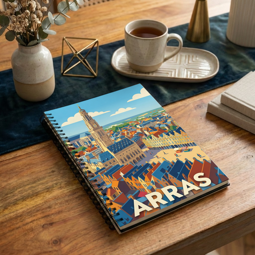 Carnet de notes à spirales souvenir de la ville d'Arras avec une illustration stylisée et colorée.