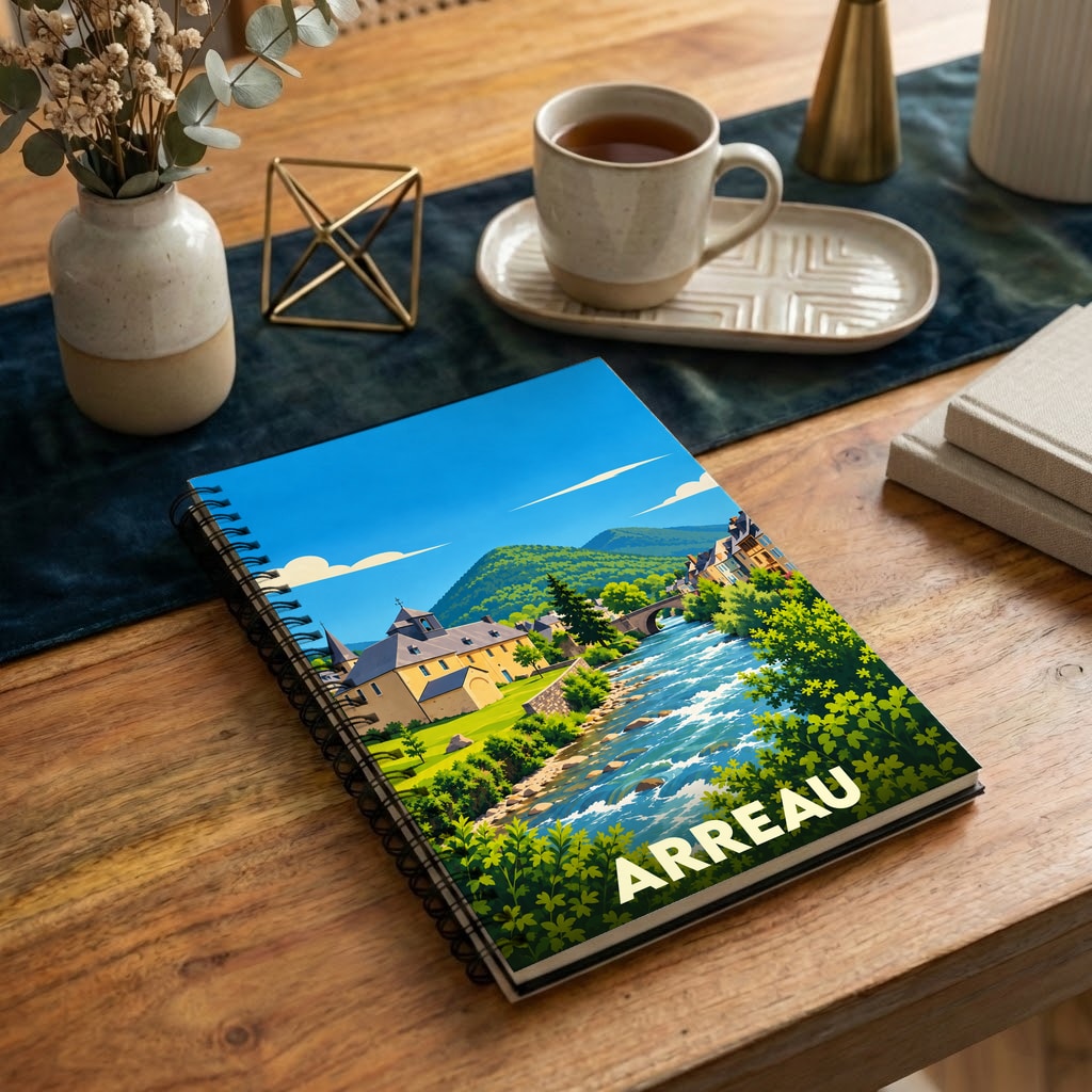 Carnet à spirales souvenir de la ville de Arreau avec une illustration stylisée et colorée.