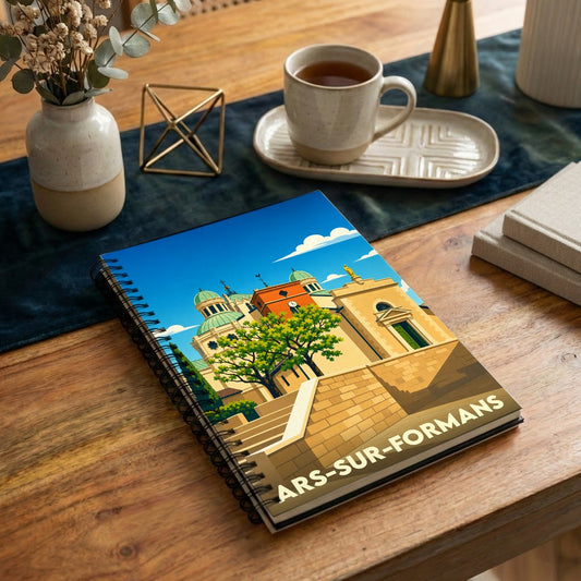 Carnet souvenir de la ville de Ars-sur-Formans avec une illustration stylisée de ses monuments.