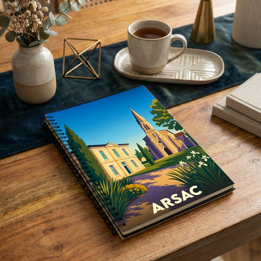 Carnet souvenir de la ville d'Arsac avec une illustration stylisée de son église et de son architecture.