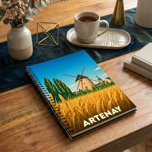 Carnet souvenir de la ville d'Artenay orné d'une illustration stylisée représentant un moulin et un champ de blé.