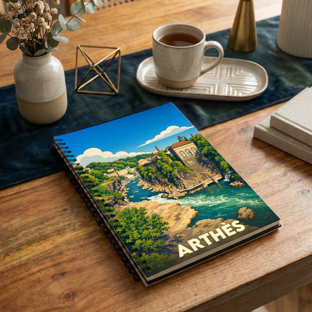 Carnet souvenir de la ville d'Arthès avec une illustration stylisée d'un paysage fluvial.