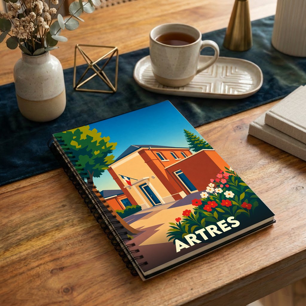 Carnet à spirales souvenir de la ville d'Artres avec une illustration stylisée et colorée.