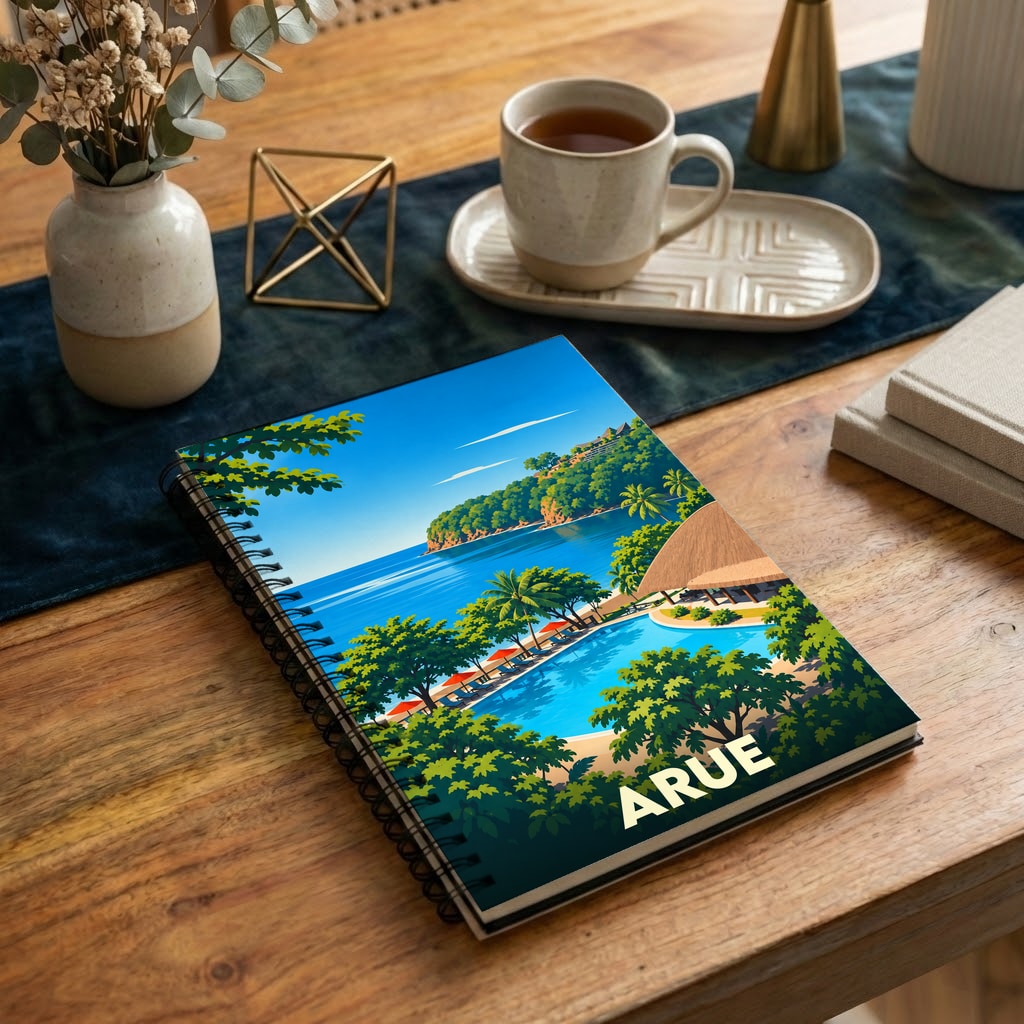 Carnet à spirales souvenir de la ville d'Arue avec une illustration stylisée d'un paysage côtier tropical.