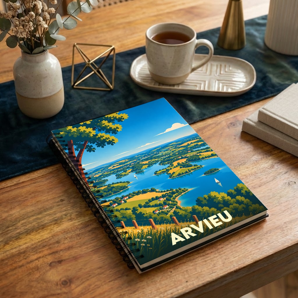 Carnet souvenir de la ville de Arvieu avec une illustration stylisée d'un paysage de lac.