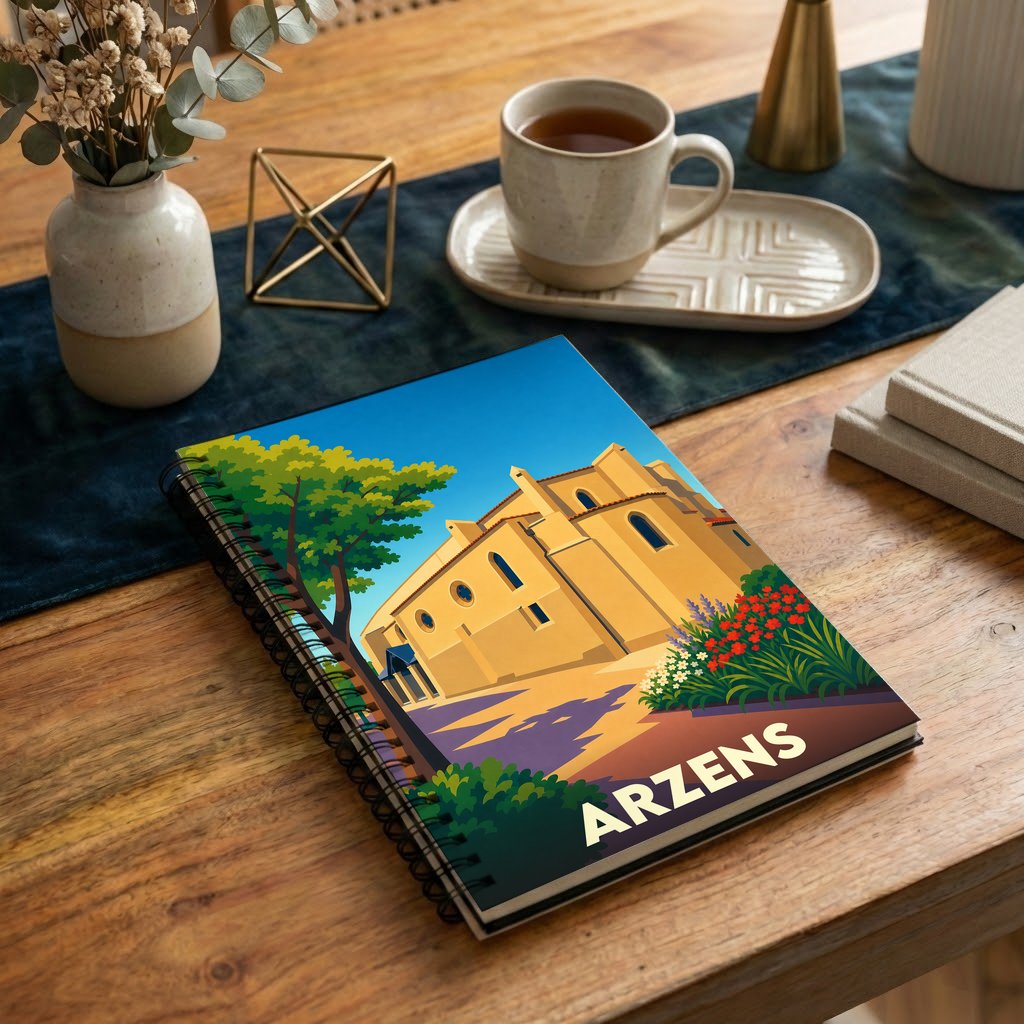 Carnet souvenir de la ville d'Arzens avec une illustration stylisée.