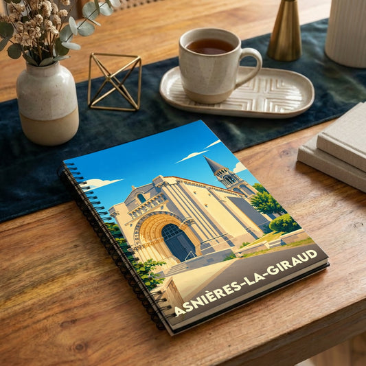 Carnet souvenir de la ville de Asnières-la-Giraud avec une illustration stylisée de son église.