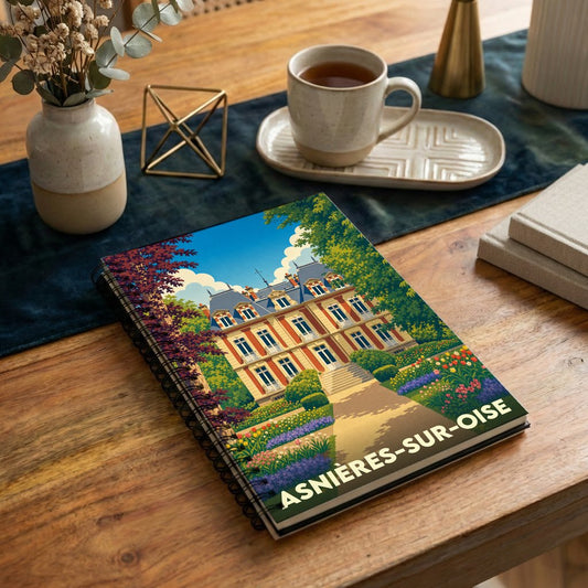 Carnet à spirales souvenir de la ville d'Asnières-sur-Oise orné d'une illustration stylisée d'un château et de ses jardins.