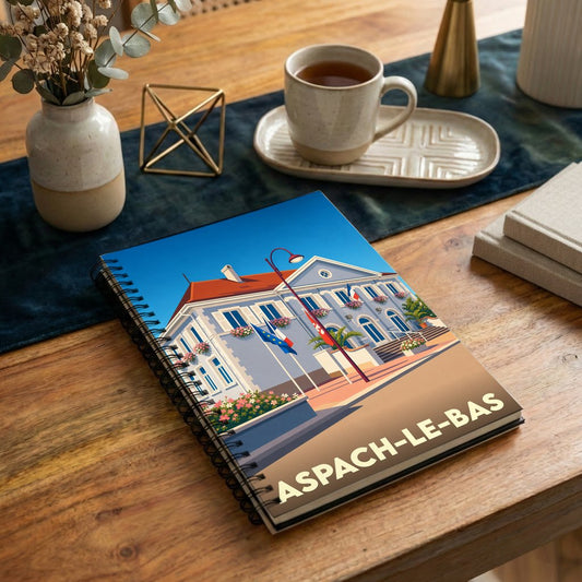 Carnet souvenir de la ville d'Aspach-le-Bas avec une illustration stylisée de sa mairie.