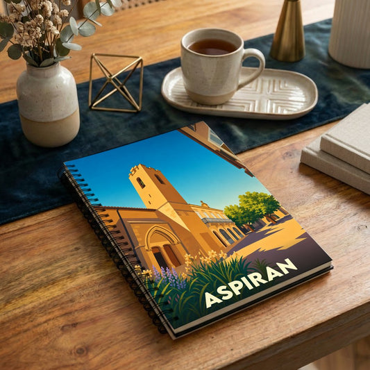 Carnet à spirales souvenir de la ville d'Aspiran illustré par un dessin stylisé de son église sous un ciel bleu.