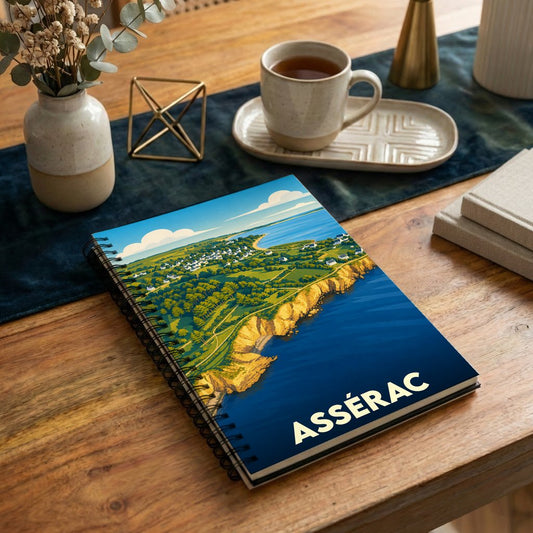 Carnet à spirales souvenir de la ville d'Assérac avec une illustration stylisée de son littoral escarpé.