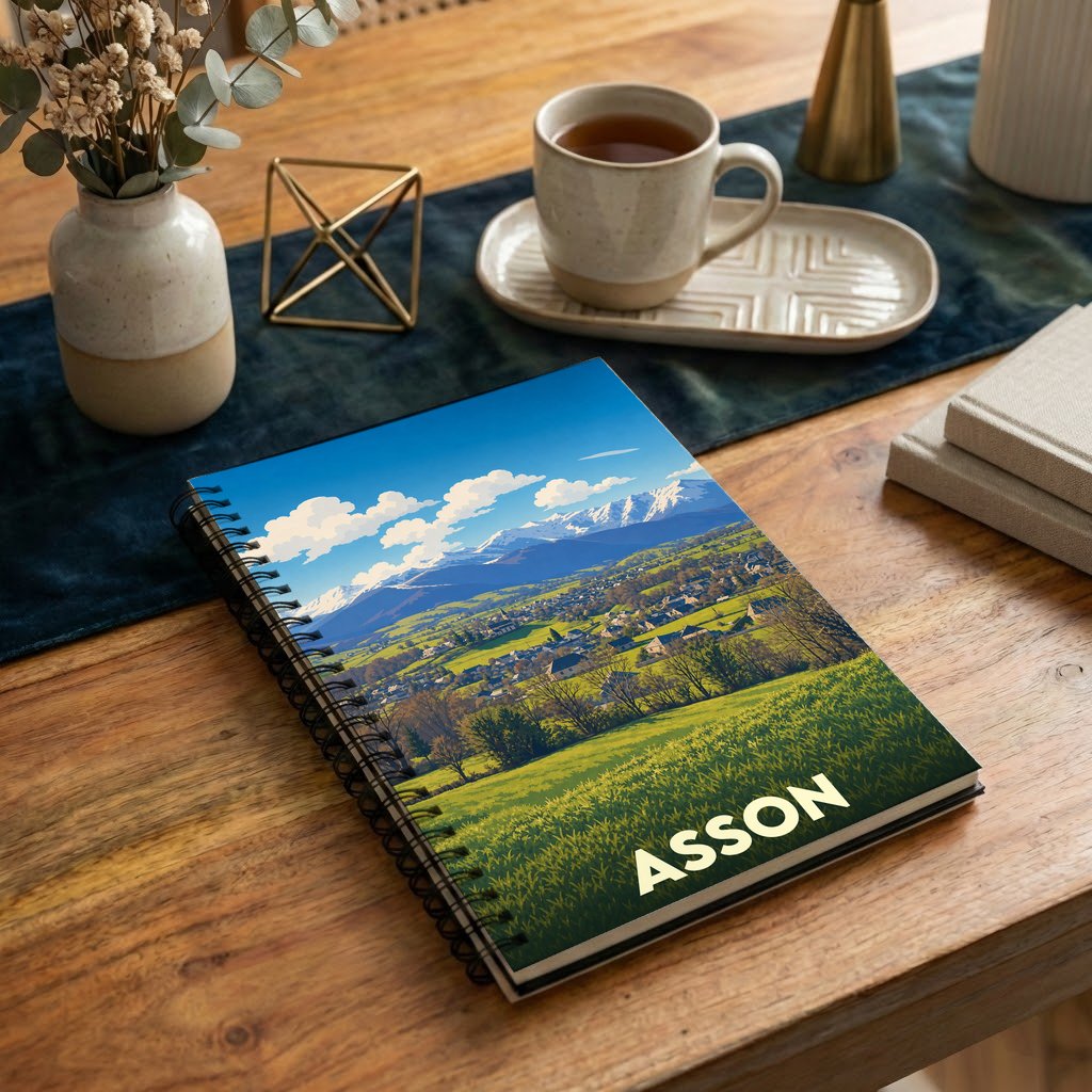 Carnet souvenir de la ville d'Asson avec une illustration stylisée de son paysage montagneux.