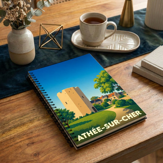Carnet souvenir de la ville de Athée-sur-Cher avec une illustration stylisée.