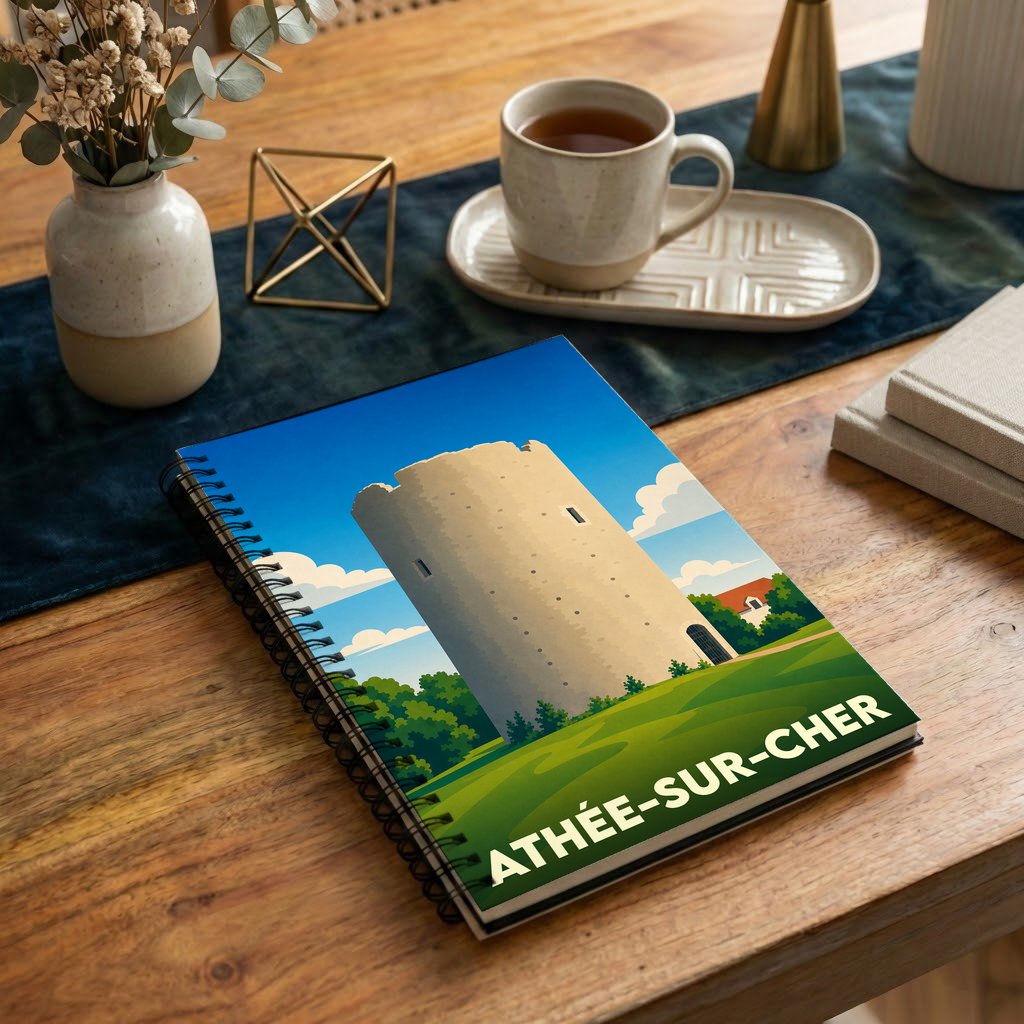 Carnet souvenir de la ville d'Athée-sur-Cher orné d'une illustration stylisée de sa tour médiévale.
