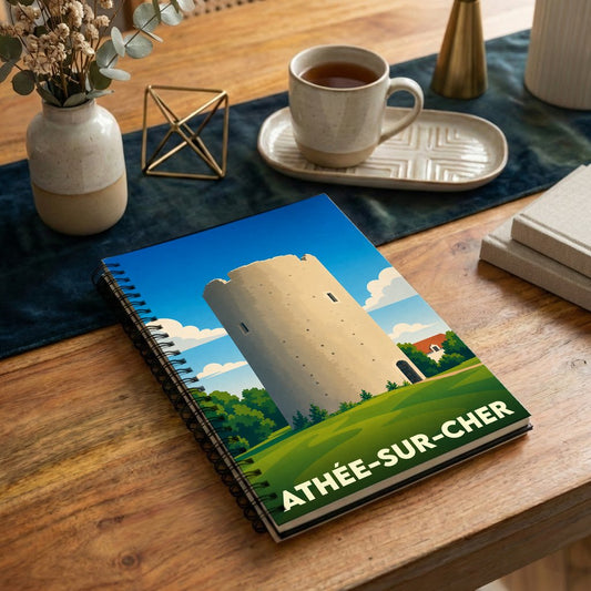 Carnet souvenir de la ville d'Athée-sur-Cher orné d'une illustration stylisée de sa tour médiévale.