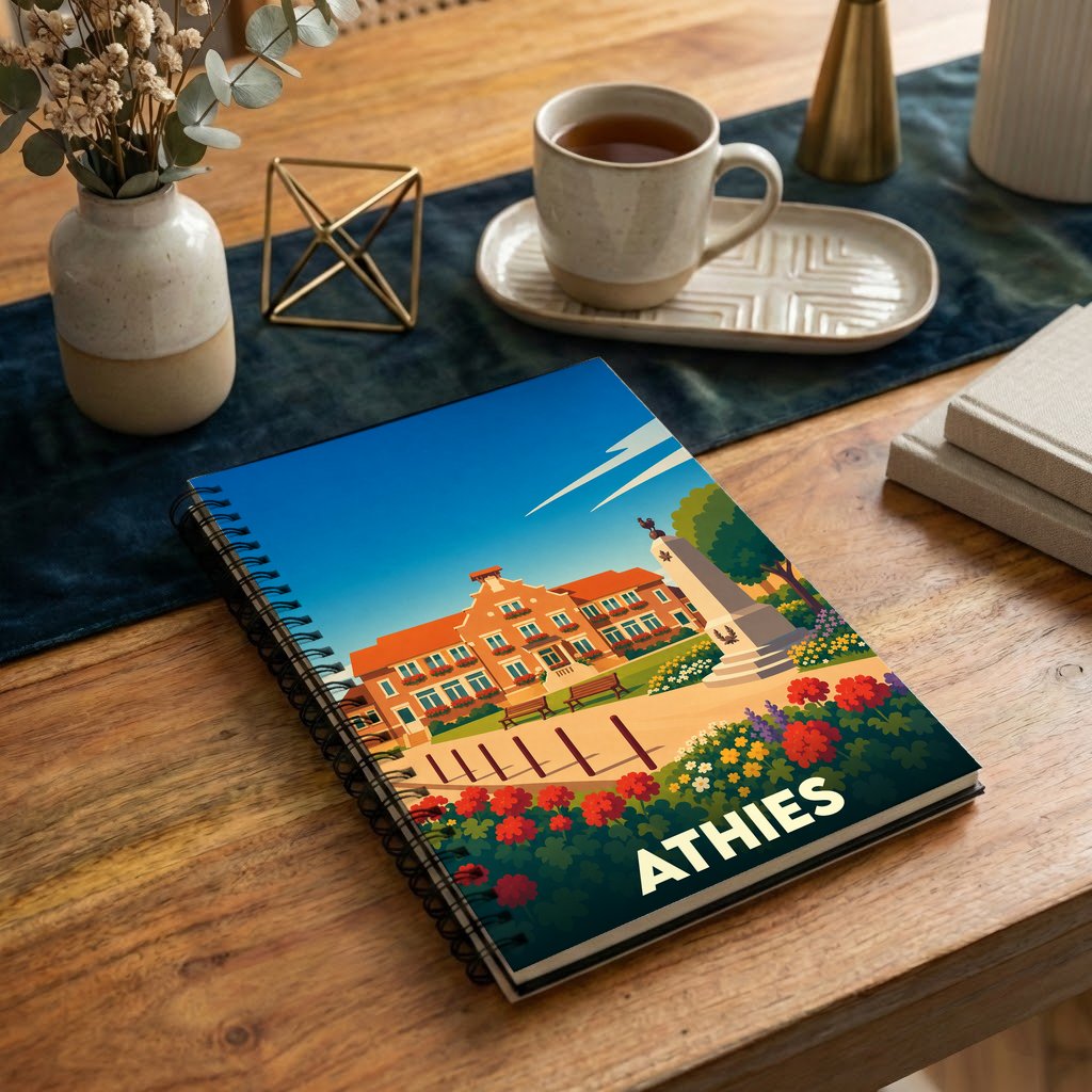 Carnet souvenir de la ville d'Athies avec une illustration colorée et stylisée de son patrimoine.