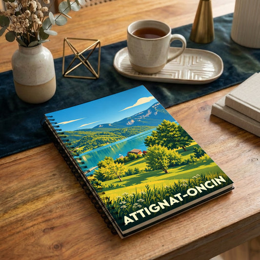 Carnet à spirales souvenir d'Attignat-Oncin illustré d'un paysage de montagne et de lac au style épuré.