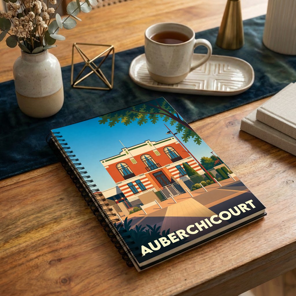 Carnet souvenir de la ville d'Auberchicourt avec une illustration stylisée de son architecture.