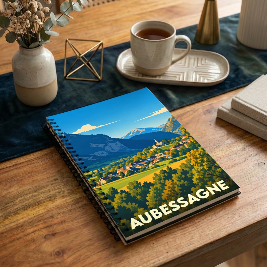 Carnet souvenir de la ville d'Aubessagne orné d'une illustration stylisée de paysages montagneux.