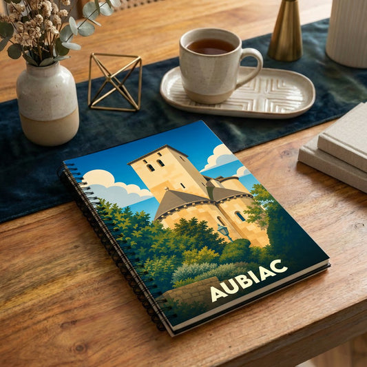 Carnet souvenir de la ville d'Aubiac avec une illustration stylisée de son église fortifiée.