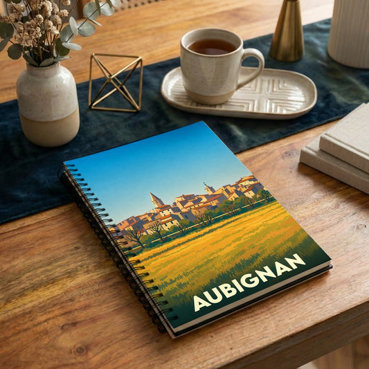 Carnet souvenir de la ville de Aubignan avec une illustration stylisée.