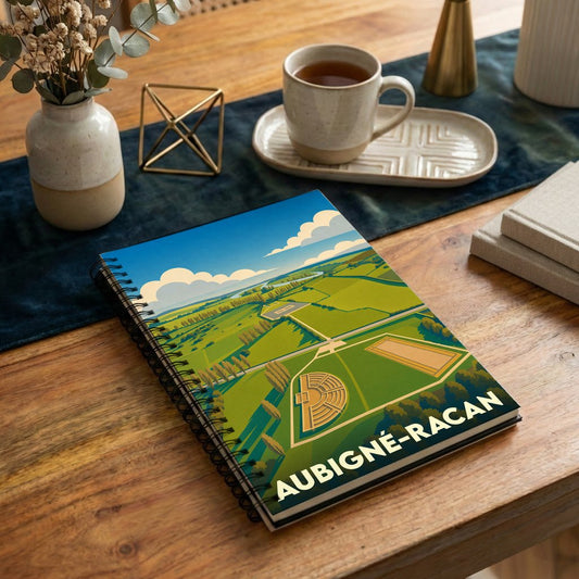 Carnet souvenir de la ville d'Aubigné-Racan avec une illustration stylisée de son paysage et de ses vestiges archéologiques.