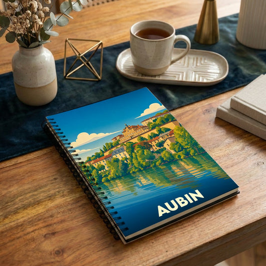 Carnet à spirales souvenir de la ville d'Aubin avec une illustration stylisée de son paysage urbain au bord de l'eau.