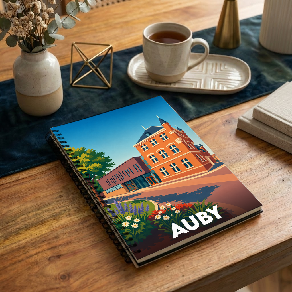 Carnet à spirales souvenir de la ville d'Auby avec une illustration stylisée de son hôtel de ville.