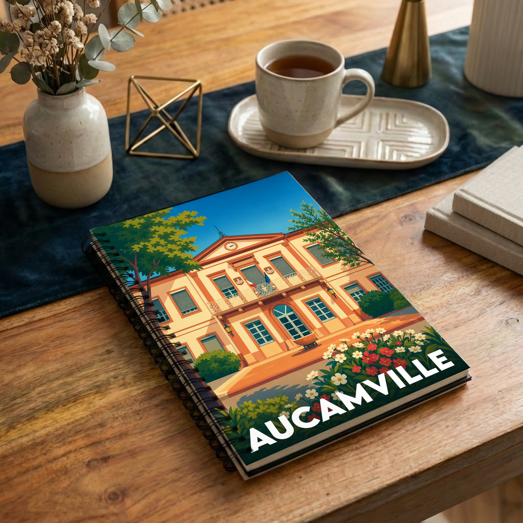 Carnet souvenir de la ville de Aucamville avec une illustration stylisée de sa mairie.
