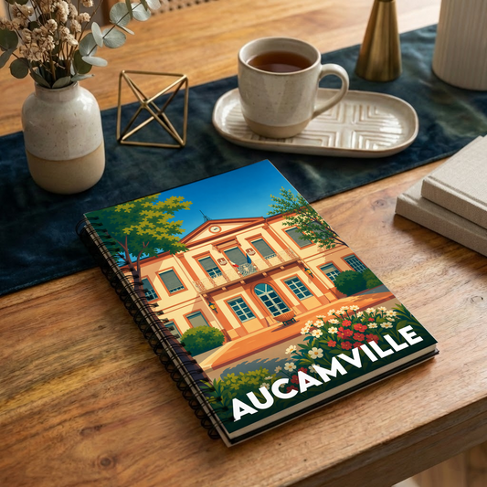 Carnet souvenir de la ville de Aucamville avec une illustration stylisée de sa mairie.