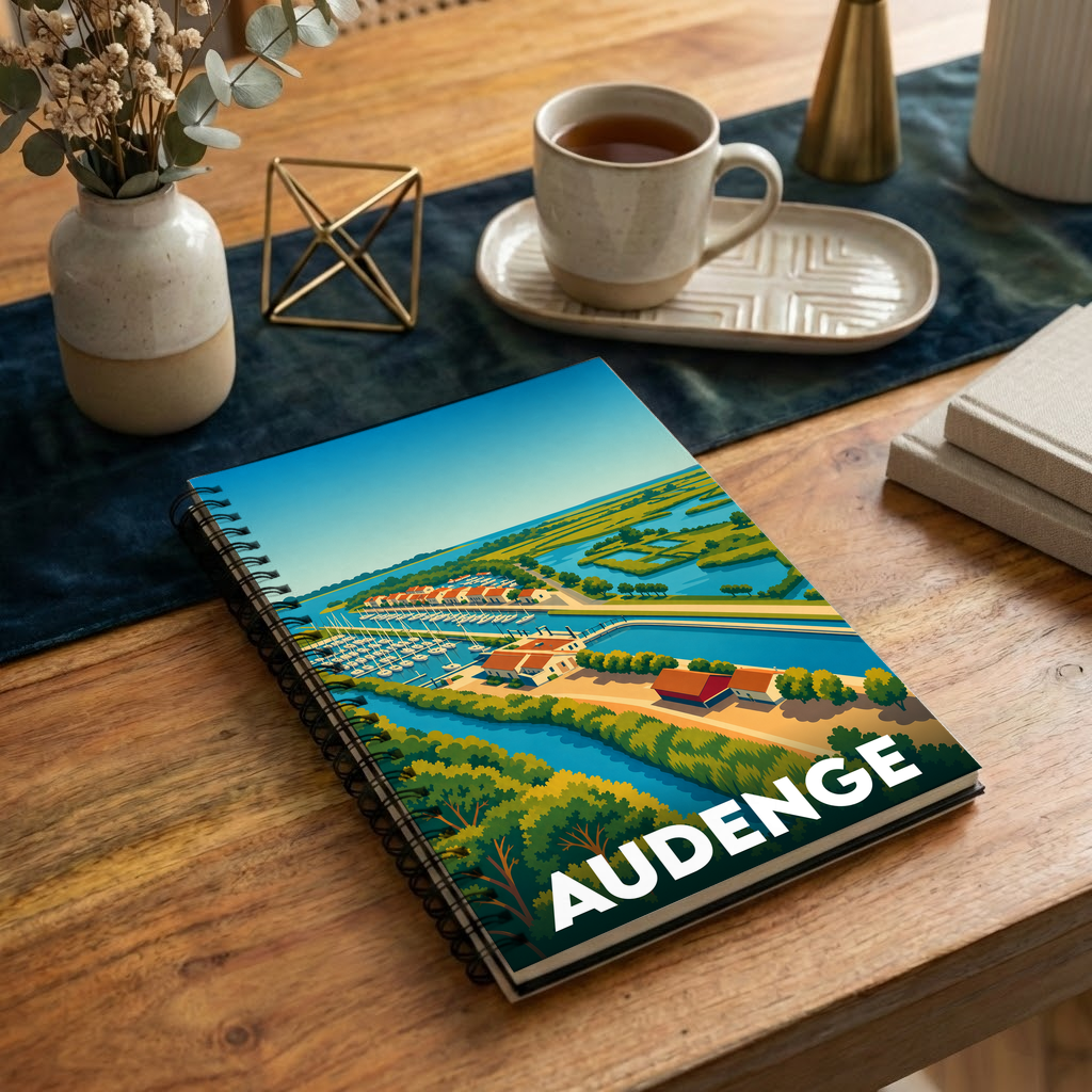Carnet souvenir de la ville d'Audenge avec une illustration stylisée de son port et ses paysages.