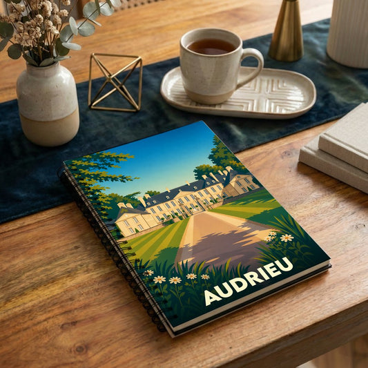 Carnet souvenir de la ville de Audrieu avec une illustration stylisée d'un château.