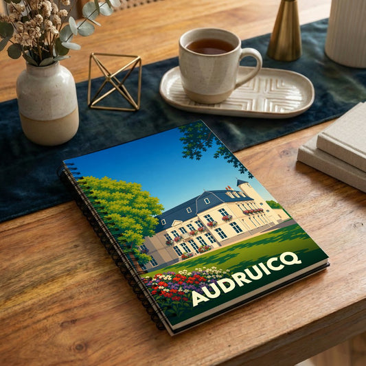 Carnet à spirales souvenir de la ville d'Audruicq avec une illustration stylisée de son château.