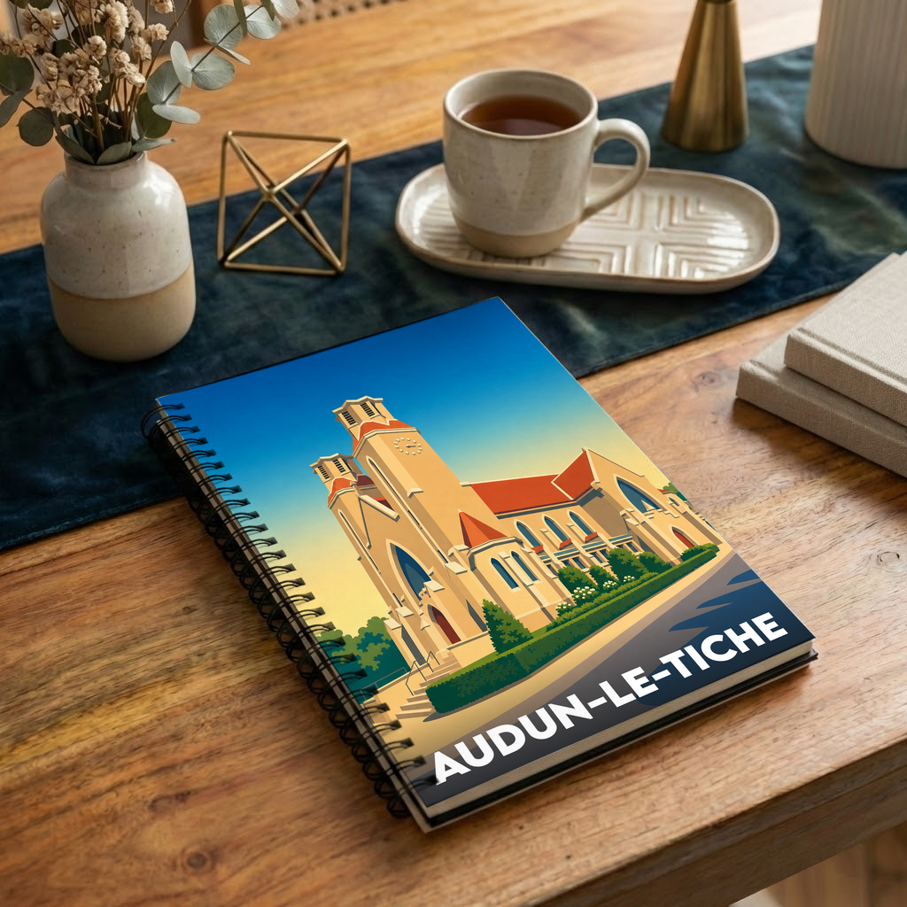 Carnet souvenir de la ville de Audun-le-Tiche avec une illustration stylisée d'une église locale.