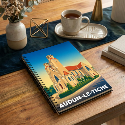 Carnet souvenir de la ville de Audun-le-Tiche avec une illustration stylisée d'une église locale.